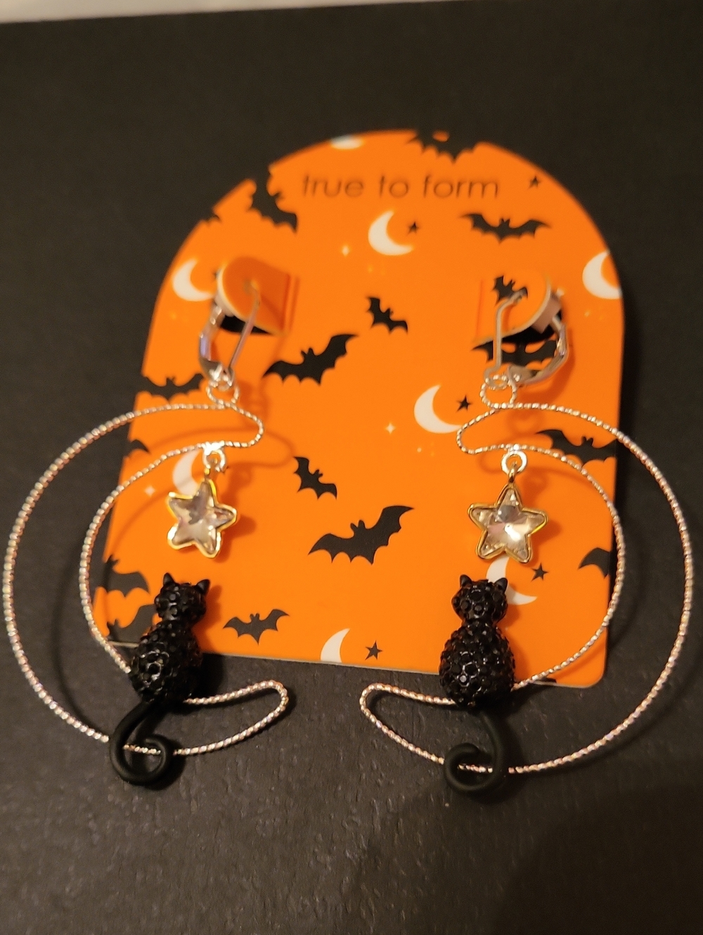 True to Form Cat Moon  Star Earrings - Black & Silver